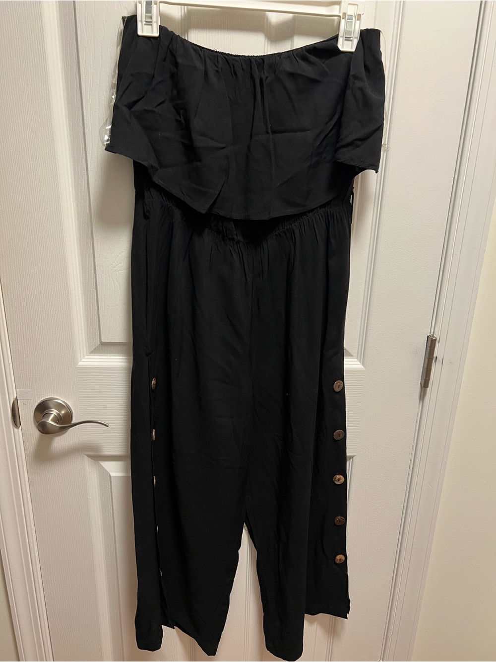 Shosho Black Off-Shoulder Jumpsuit with Side Buttons